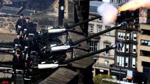 Gunners fire a twenty-one gun salute in honour of Britain's Queen Elizabeth 90th birthday celebrations at Mills Mount Battery at Edinburgh Castle in Scotland April 21, 2016. Scotland April 21, 2016. REUTERS/Russell Cheyne
