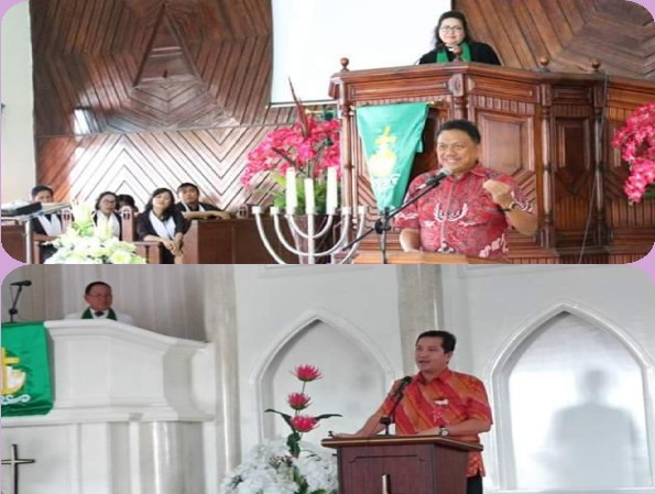 Gubernur Olly Dondokambey SE dan Wagub Drs Steven OE Kandouw saat ibadah Minggu di Kabupaten Minahasa Selatan