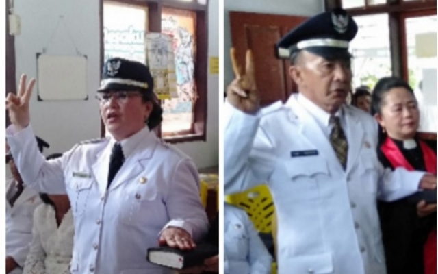 Pengambilan sumpah jabatan dan pelantikan Penjabat Hukum Tua Desa Liningaan dan Desa Picuan oleh Camat masing-masing, Senin (30/12/2019). Foto: wartasulut.com