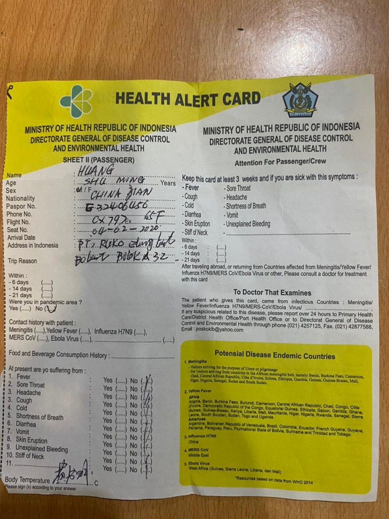 Hasil pemeriksaan dari KKP pada Mr HS, WNA China, karyawan PT SEJ
