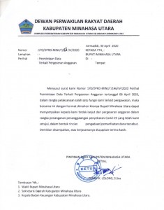 Surat Sekretariat DPRD Minut yang ditujukan kepada Bupati ditandatangani oleh Ketua Denny Lolong.