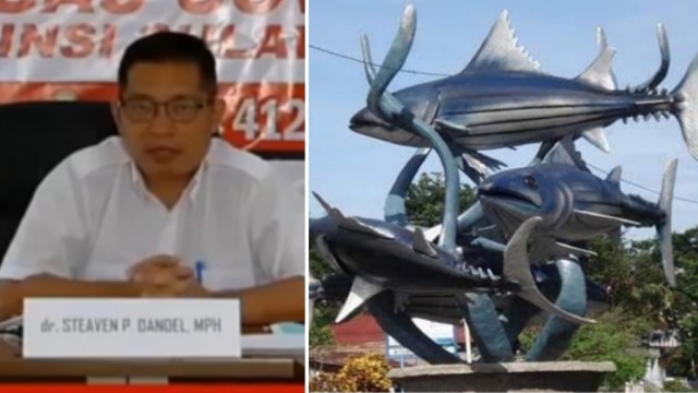 Jubir Gugus Tugas Covid-19 Provinsi dr Steaven Dandel MPH dan tugu Kota Cakalang, Bitung.