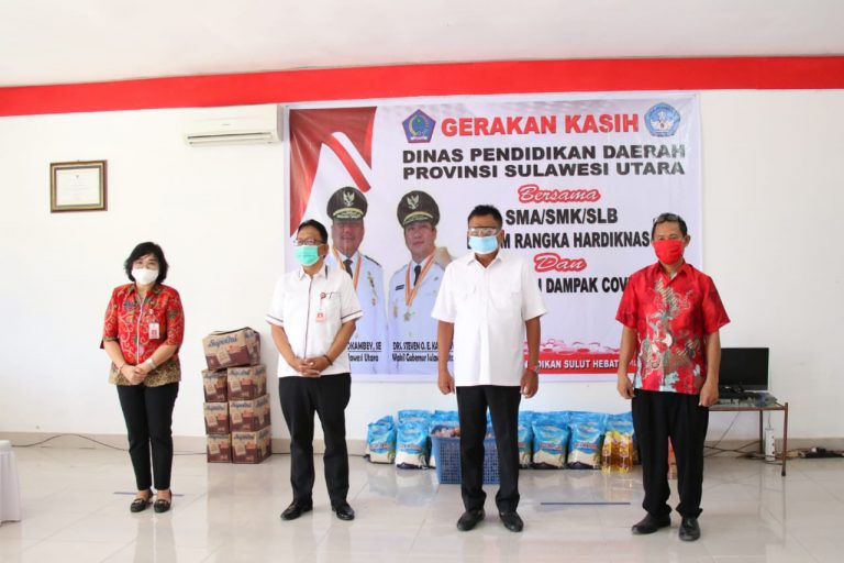 Gubernur Olly Dondokambey SE saat menghadiri acara Gerakan Kasih Dinas Pendidikan Daerah Provinsi Sulut, Sabtu (02/05/2020)