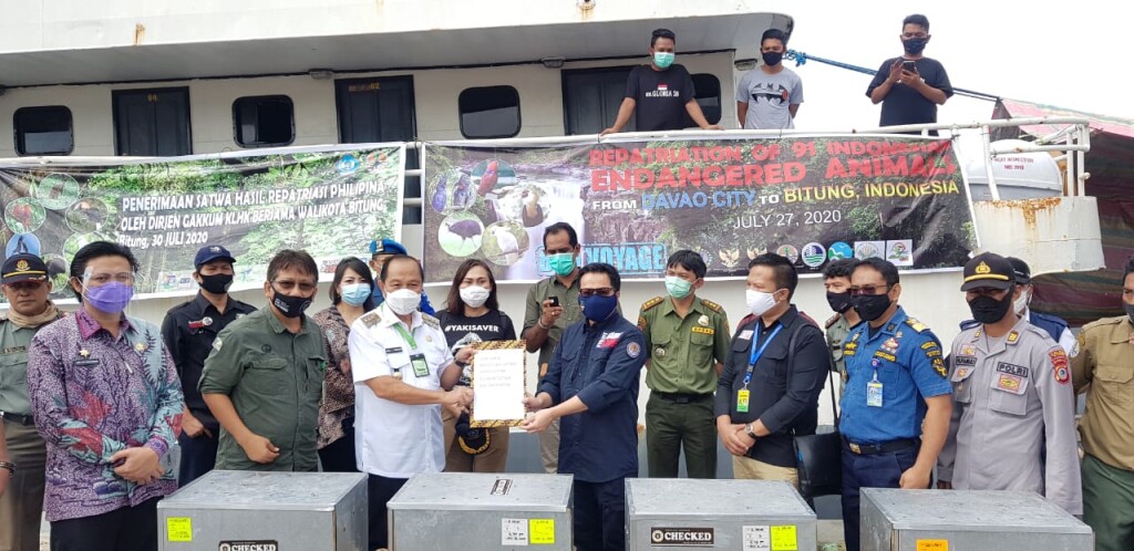 Walikota Max Lomban dan Dirjen Gakum Kementerian LH dan Kehutanan bersama Duta Yaki Kota Bitung Khouni Lomban Rawung saat menyaksikan penerimaan satwa hasil repatriasi, Kamis (39/06/2020) pagi