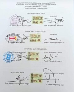 Surat Koalisi bersama mengsung pasangan calon KISS-JO yang dimasukkan di KPU Minut.