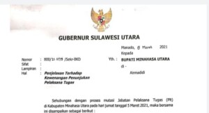 Surat Gubernur Sulawesi Utara yang ditujukan kepada Bupati Minahasa Utara Joune Ganda.