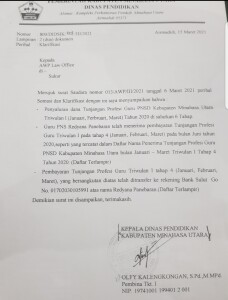 Surat balasan Dinas Pendidikan Minut atas somasi yang dilayangkan oleh kuasa hukum guru terkait tunjangan sertifikasi.