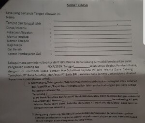 Surat kuasa dari Guru sertifikasi Minut ke Bendahara Dinas Pendidikan adalah Format lampiran tidak terpisahkan dari permohanan pinjaman ke Bank Prisma Dana.