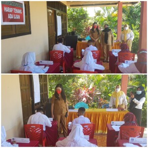 Secara bersama-sama tak jauh dari SD Inpres, Kadis Olfy meninjau pelaksanaan ujian Luring SD Islam Watundambo yang diikuti sebanyak 35 siswa-siswi yang dibagi 4 kelompok. Tampak pemantauan didampingi Kepsek Deyke Theresje Mekel.