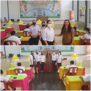 Kadis Olfy meninjau ujian sekolah di SD Khatolik Lembean yang berlangsung di aula gereja Khatolik st. Paroki Lembean. Tampak Kepala Sekolah Astrid Marleen Nangka menyambut kunjungan rombongan dan menjelaskan ujian secara Luring yang diikuti oleh 16 Siswa-siswi.