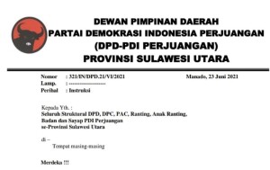 Surat Instruksi DPD PDI Perjuangan Sulut.