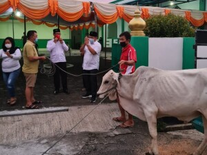 Ketua Dewan Minut Denny Kamlon Lolong saat menyerahkan bantuan hewan kurban di Masjid Diponegoro Airmadidi.