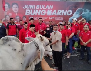 Ketua DPC PDIP Minut Denny Kamlon Lolong bersama JG-KWL menyerahkan bantuan kurban dalam rangka hari raya Idul Adha.